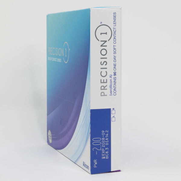 Alcon precision1 90 pack contact lenses, standard sphere power for hyperopia and myopia. Box side view with prescription information.