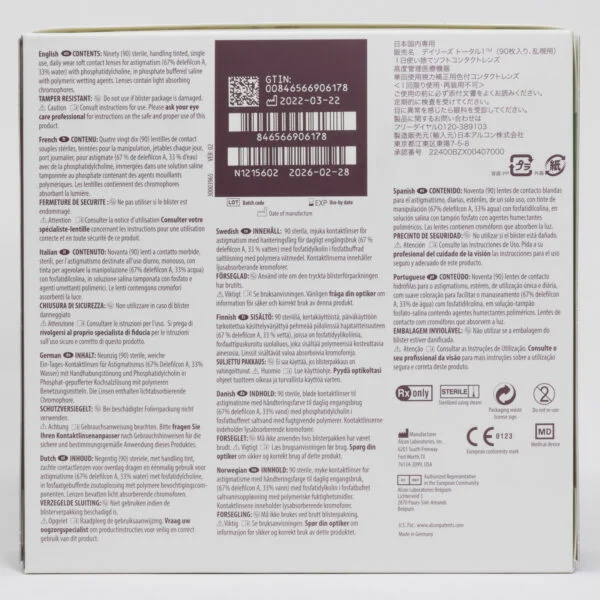 Alcon total1 dailies 90 pack contact lenses, toric lenses for astigmatism. Box back view with lens instructions and product information.