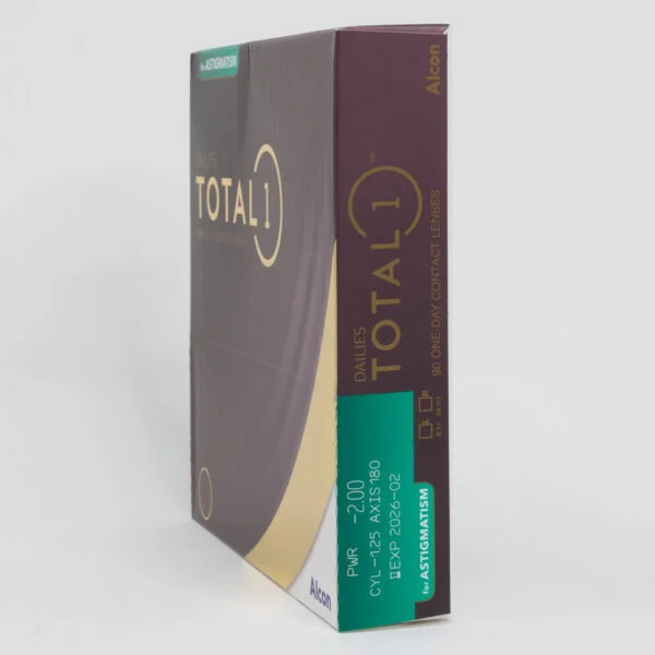 Alcon total1 dailies 90 pack contact lenses, toric lenses for astigmatism. Box side view with prescription information.