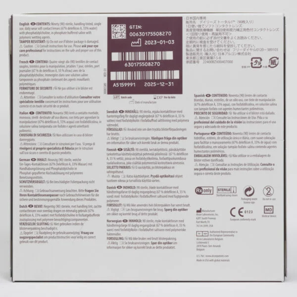 Alcon total1 dailies 90 pack contact lenses, standard sphere power for hyperopia and myopia. Box back view with lens instructions and product information.