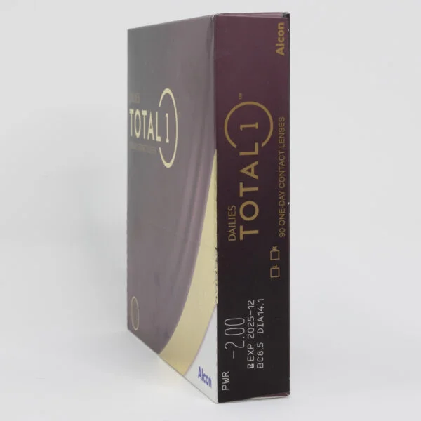 Alcon total1 dailies 90 pack contact lenses, standard sphere power for hyperopia and myopia. Box side view with prescription information.