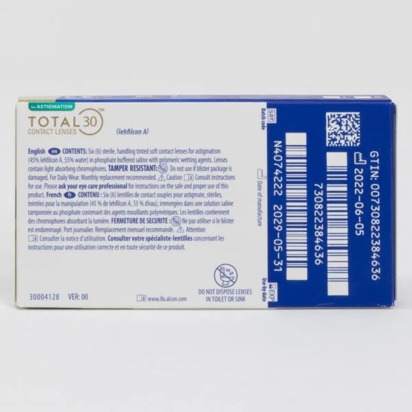 Alcon total30 1 month replacement 6 pack contact lenses, toric lenses for astigmatism. Box back view with lens instructions and product information.