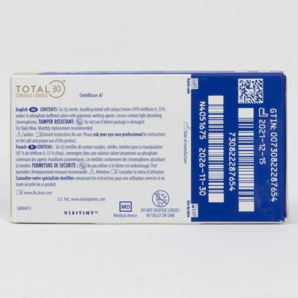 Alcon total30 1 month replacement 6 pack contact lenses, standard sphere power for hyperopia and myopia. Box back view with lens instructions and product information.