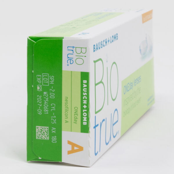 Bauschlomb biotrue 30 pack contact lenses, toric lenses for astigmatism. Box side view with prescription information.