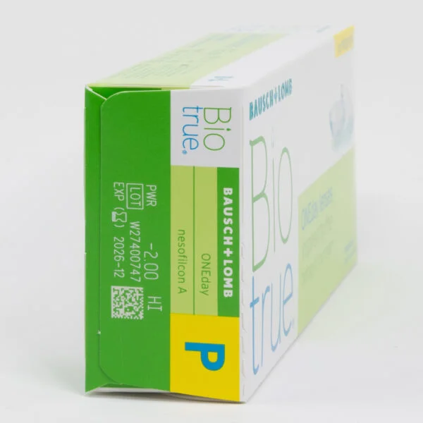 BauschLomb BioTrue 30 pack contact lenses, multifocal lenses for presbyopia. Box side view with prescription information.