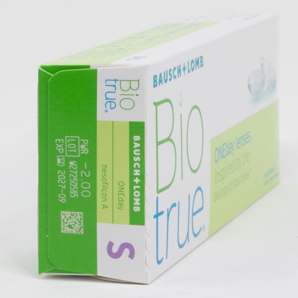 Bauschlomb biotrue 30 pack contact lenses, standard sphere power for hyperopia and myopia. Box side view with prescription information.