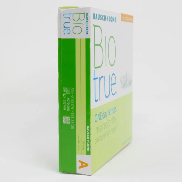 BauschLomb BioTrue 90 pack contact lenses, toric lenses for astigmatism. Box side view with prescription information.