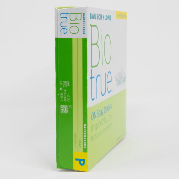 Bauschlomb biotrue 90 pack contact lenses, multifocal lenses for presbyopia. Box side view with prescription information.