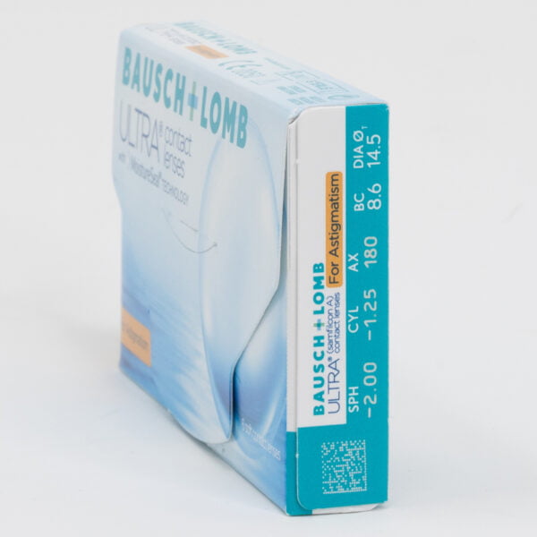 Bauschlomb ultra 6 pack contact lenses, toric lenses for astigmatism. Box side view with prescription information.