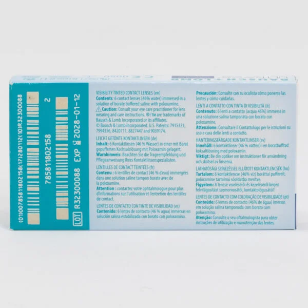 Bauschlomb ultra 6 pack contact lenses, multifocal lenses for presbyopia. Toric lenses for astigmatism. Box back view with lens instructions and product information.