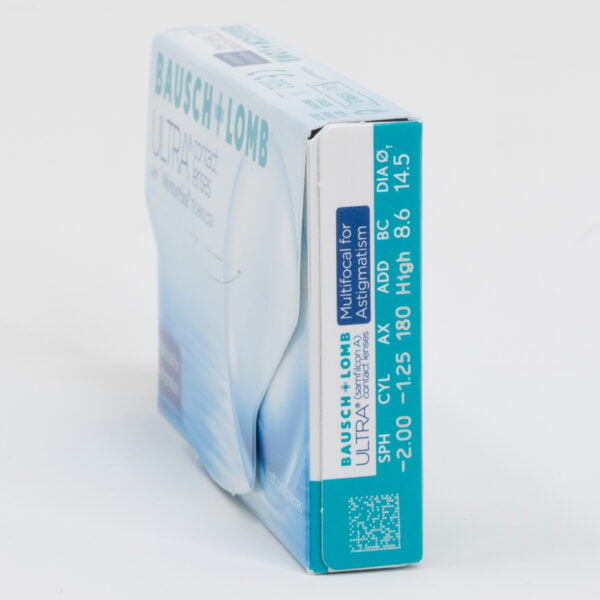 Bauschlomb ultra 6 pack contact lenses, multifocal lenses for presbyopia. Toric lenses for astigmatism. Box side view with prescription information.