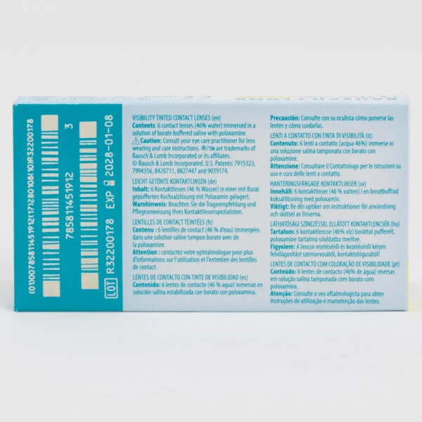 Bauschlomb ultra 6 pack contact lenses, multifocal lenses for presbyopia. Box back view with lens instructions and product information.