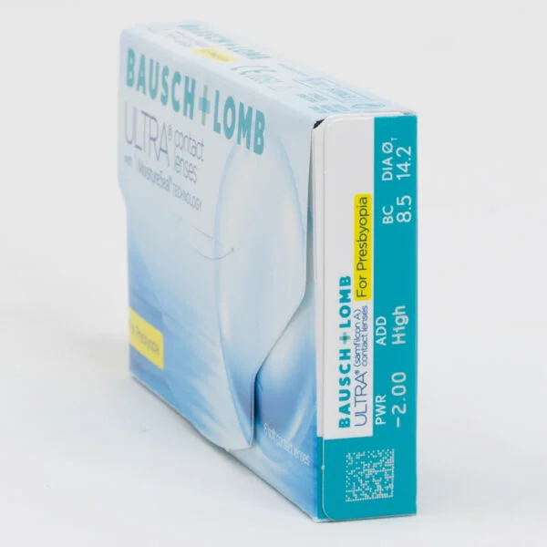 Bauschlomb ultra 6 pack contact lenses, multifocal lenses for presbyopia. Box side view with prescription information.