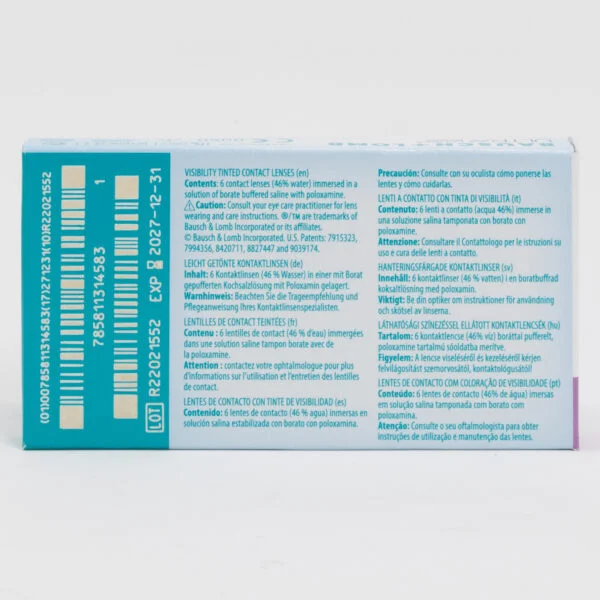 Bauschlomb ultra 6 pack contact lenses, standard sphere power for hyperopia and myopia. Box back view with lens instructions and product information.