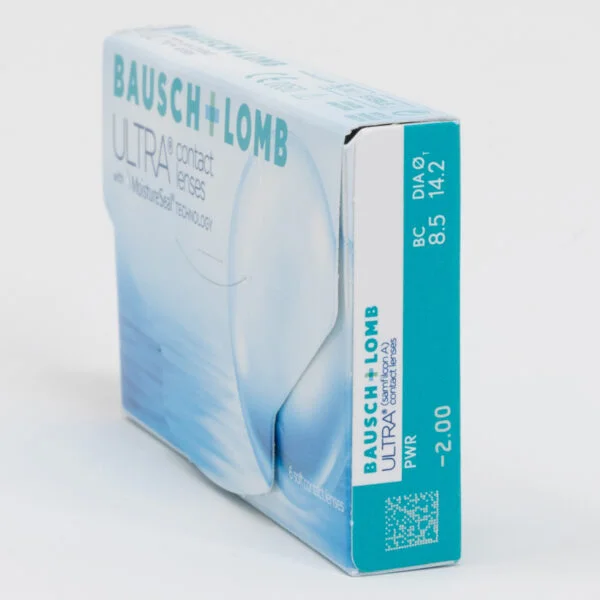 Bauschlomb ultra 6 pack contact lenses, standard sphere power for hyperopia and myopia. Box side view with prescription information.