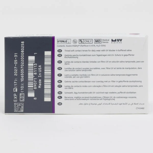 Coopervision avaira vitality 6 pack contact lenses, standard sphere power for hyperopia and myopia. Box back view with lens instructions and product information.