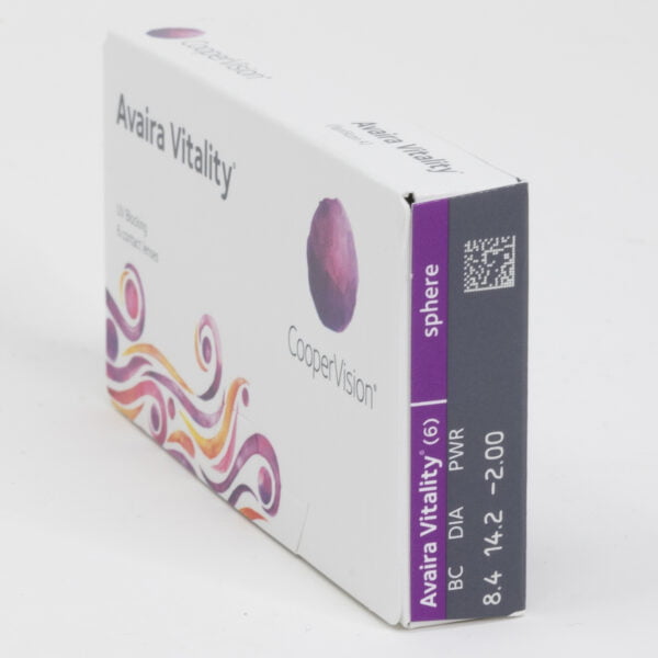 Coopervision avaira vitality 6 pack contact lenses, standard sphere power for hyperopia and myopia. Box side view with prescription information.
