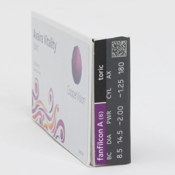 Coopervision avaira vitality 6 pack contact lenses, toric lenses for astigmatism. Box side view with prescription information.
