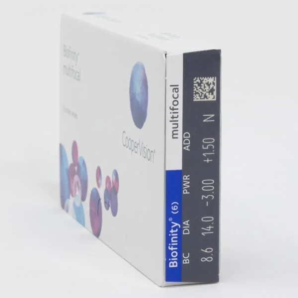 Coopervision biofinity 6 pack contact lenses, multifocal lenses for presbyopia. Box side view with prescription information.
