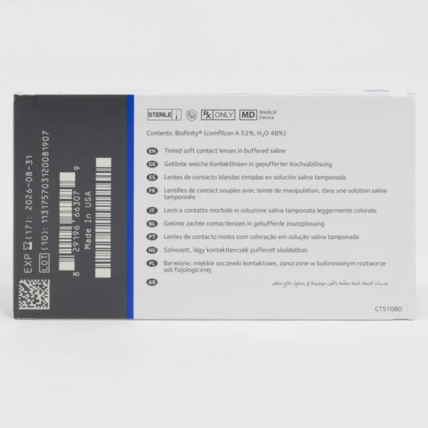 Coopervision biofinity 6 pack contact lenses, standard sphere power for hyperopia and myopia. Box back view with lens instructions and product information.