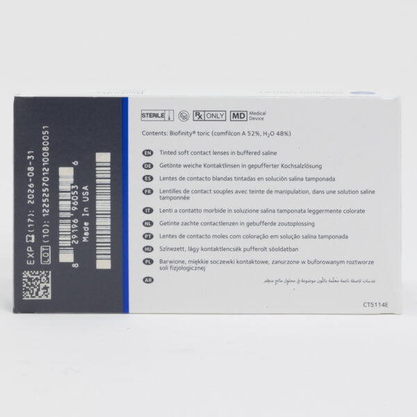 Coopervision biofinity 6 pack contact lenses, toric lenses for astigmatism. Box back view with lens instructions and product information.