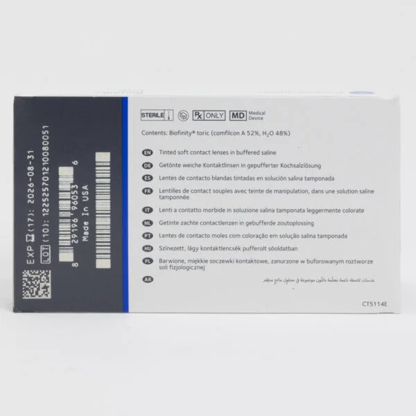 CooperVision Biofinity 6 pack contact lenses, toric lenses for astigmatism. Box back view with lens instructions and product information.