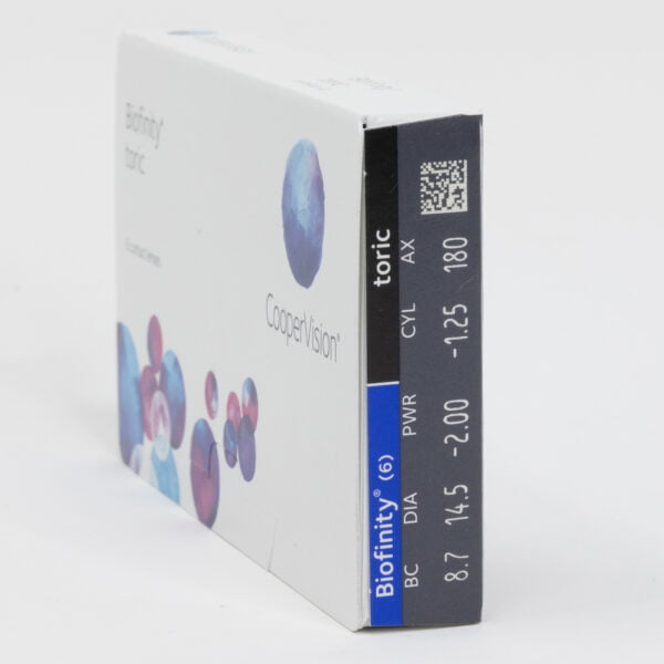Coopervision biofinity 6 pack contact lenses, toric lenses for astigmatism. Box side view with prescription information.