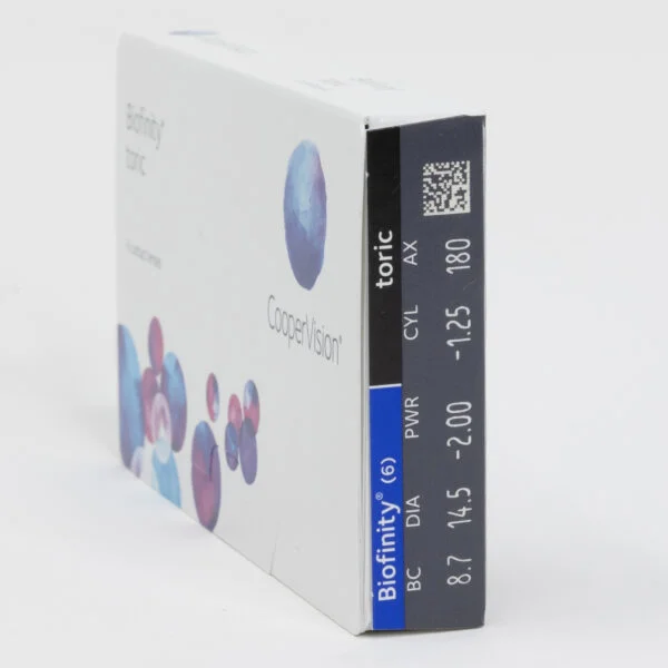 CooperVision Biofinity 6 pack contact lenses, toric lenses for astigmatism. Box side view with prescription information.