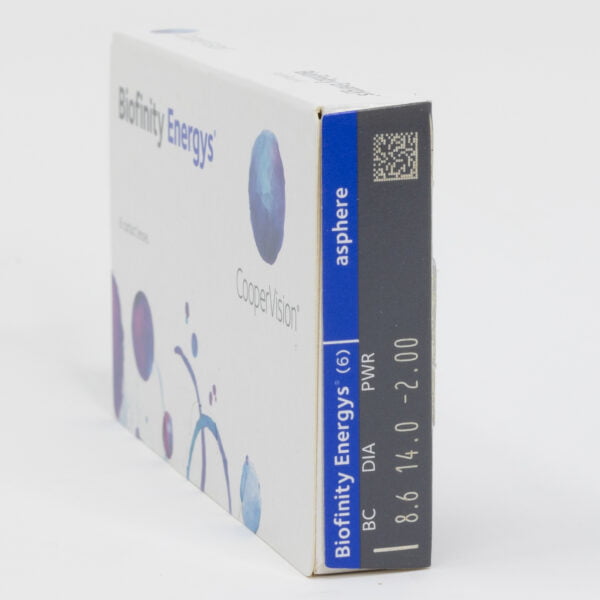 Coopervision biofinity energys 6 pack contact lenses, box side view with prescription information.