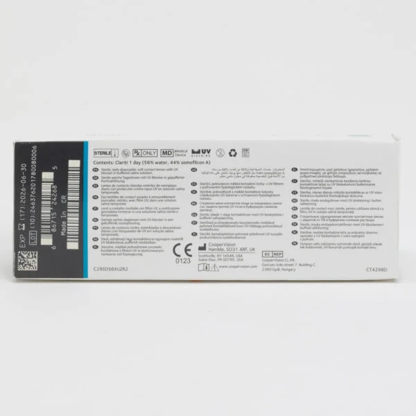Coopervision clariti 30 pack contact lenses, standard sphere power for hyperopia and myopia. Box back view with lens instructions and product information.