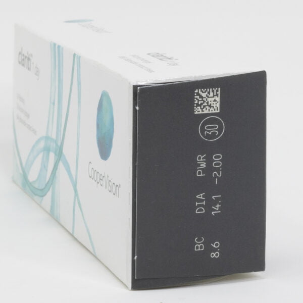 Coopervision clariti 30 pack contact lenses, standard sphere power for hyperopia and myopia. Box side view with prescription information.