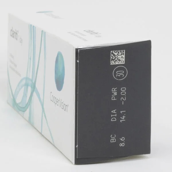 Coopervision clariti 30 pack contact lenses, standard sphere power for hyperopia and myopia. Box side view with prescription information.