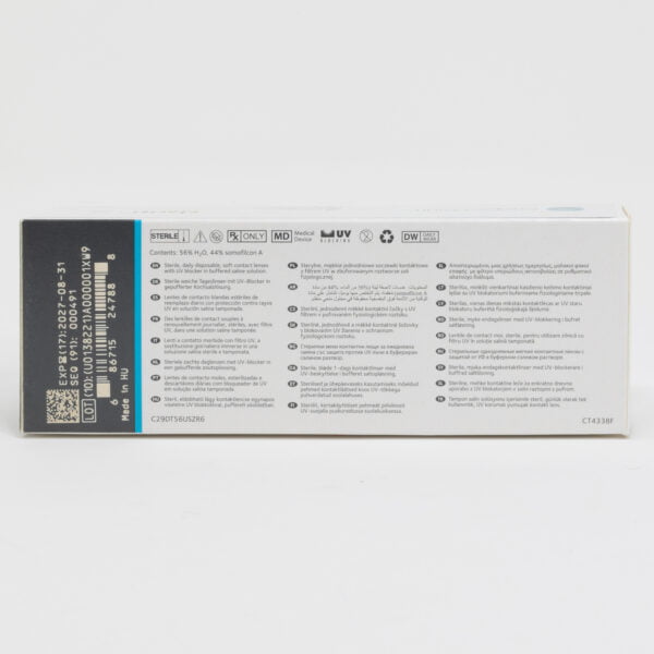 Coopervision clariti 30 pack contact lenses, toric lenses for astigmatism. Box back view with lens instructions and product information.