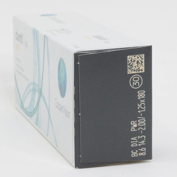 Coopervision clariti 30 pack contact lenses, toric lenses for astigmatism. Box side view with prescription information.