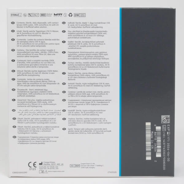 Coopervision clariti 90 pack contact lenses, standard sphere power for hyperopia and myopia. Box back view with lens instructions and product information.
