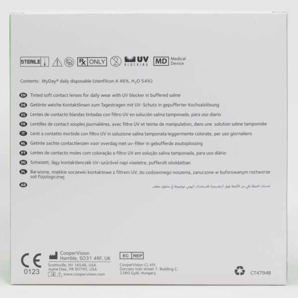 Coopervision myday 180 pack contact lenses, standard sphere power for hyperopia and myopia. Box back view with lens instructions and product information.