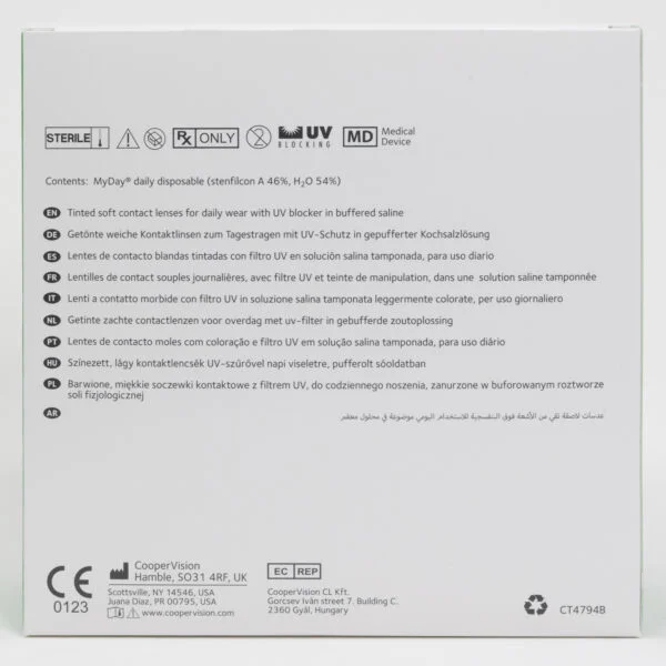 Coopervision myday 180 pack contact lenses, standard sphere power for hyperopia and myopia. Box back view with lens instructions and product information.