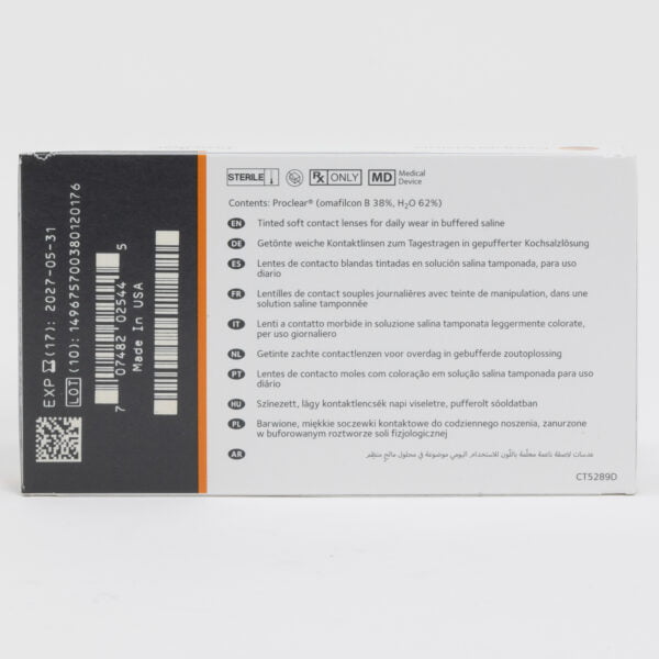 Coopervision proclear 6 pack contact lenses, standard sphere power for hyperopia and myopia. Box back view with lens instructions and product information.