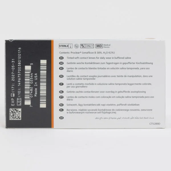 CooperVision Proclear 6 pack contact lenses, standard sphere power for hyperopia and myopia. Box back view with lens instructions and product information.